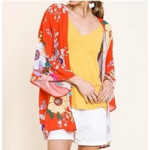 Umgee USA Red Floral Kimono Wrap Boho‎ Size S